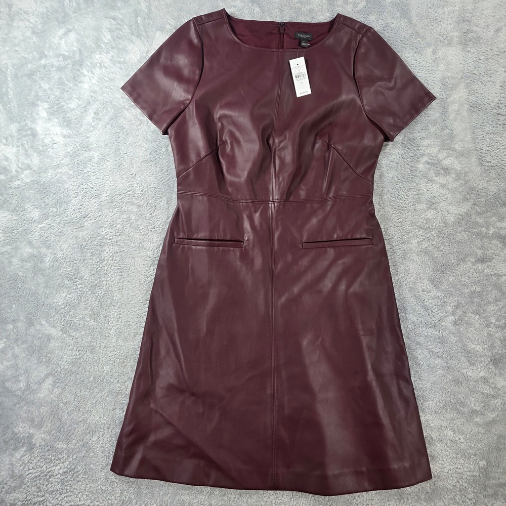 Ann Taylor Factory Faux Leather Short Sleeve Shift Dress Burgundy 8 Office Chic